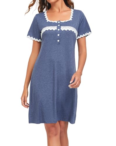 EVELIFE Frauen Nachthemd Weiches Nachthemd für Frauen Chemise Kurzarm über dem Knie Spitze Blumendruck Damen Sommer Loungwear Nachtwäsche Negligee, marineblau, 42 von EVELIFE