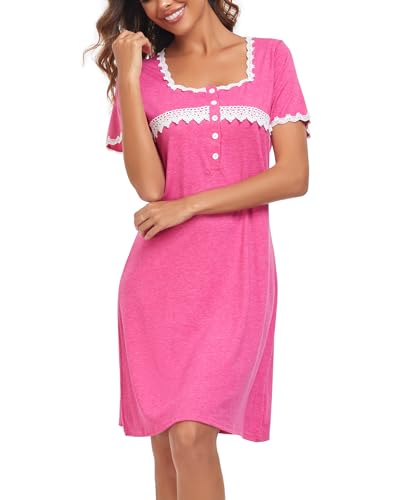 EVELIFE Frauen Nachthemd Weiches Nachthemd für Frauen Chemise Kurzarm über dem Knie Spitze Blumendruck Damen Sommer Loungwear Nachtwäsche Negligee, rose, 36 von EVELIFE