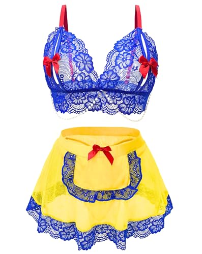 EVELIFE Frauen Dessous Blumenspitze Lingerie Mädchen Outfit Uniform Bogen Kostüm Süßes Kleid Perlenkette Babydoll Geschenk zum Valentinstag(Dark Blue, M) von EVELIFE