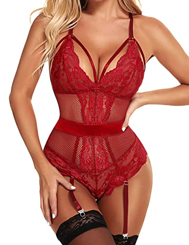 EVELIFE Frauen Sexy Dessous Bodysuit mit Strumpfband Dessous Spitze Bodysuit Teddy Strap Dessous Nachtwäsche, weinrot, 36 von EVELIFE