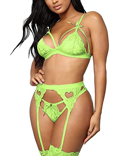 EVELIFE Frauen Spitze Dessous Set mit Strumpfband Gürtel 3 Stück, Sexy Spitze BH und Höschen Set Strappy Teddy Babydoll Nachtwäsche, leuchtend grün, 46 von EVELIFE