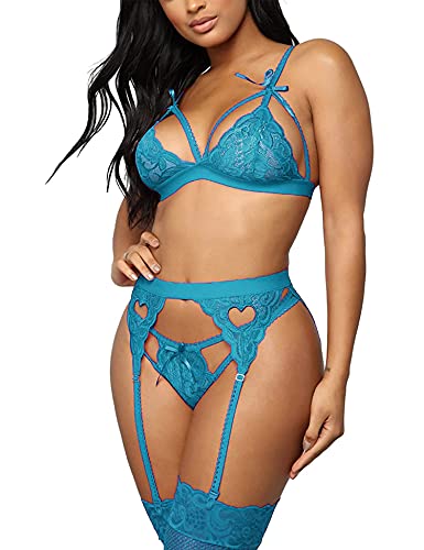 EVELIFE Frauen Spitze Dessous Set mit Strumpfgürtel 3 Stück Sexy Spitze BH und Höschen Set Strappy Teddy Babydoll Nachtwäsche, hellblau, 42 von EVELIFE