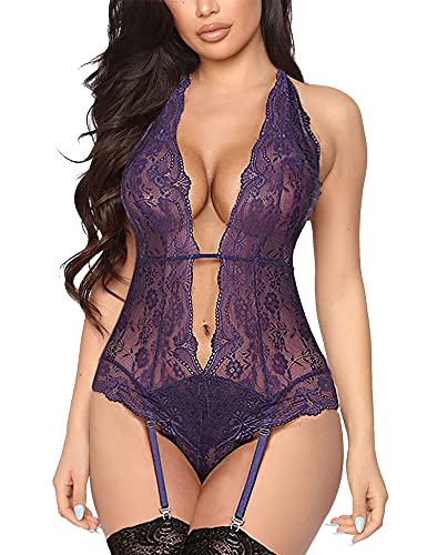 EVELIFE Lingerie Damen Sexy Dessous Tiefer v-Ausschnitt Body Spitze Neckholder Reizwäsche Strumpfband Unterwäsche Strapsen Dessous Set (Lila Large) von EVELIFE