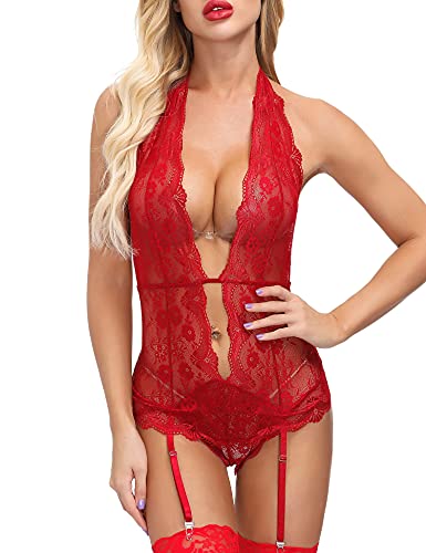 EVELIFE Lingerie Damen Sexy Dessous Tiefer v-Ausschnitt Body Spitze Neckholder Reizwäsche Strumpfband Unterwäsche Strapsen Dessous Set (Rot Medium) von EVELIFE