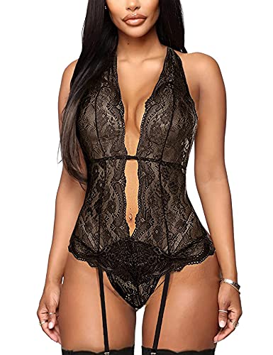 EVELIFE Lingerie Damen Sexy Dessous Tiefer v-Ausschnitt Body Spitze Neckholder Reizwäsche Strumpfband Unterwäsche Strapsen Dessous Set (Schwarz XX-Large) von EVELIFE