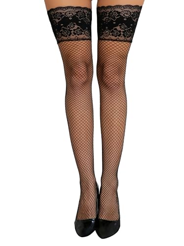 EVELIFE Netzstrumpf für Damen, halterlose Socken mit Schleife und 2 schwarzen + 2 roten DIY überkreuzten Trägern, Spitze oben, kleines Netz, schwarze Oberschenkelstrümpfe, Schwarzes Spitzenoberteil von EVELIFE