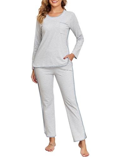 EVELIFE Schlafanzug Damen Lang Baumwolle Rundhals Gestreift Pyjama Set mit Taschen Bequeme Nachtwäsche für Frauen Ideal für Herbst und Winter(Grau, M) von EVELIFE