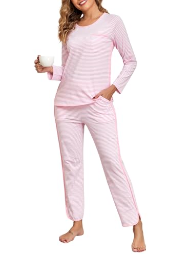 EVELIFE Schlafanzug Damen Lang Baumwolle Rundhals Gestreift Pyjama Set mit Taschen Bequeme Nachtwäsche für Frauen Ideal für Herbst und Winter(Rosa, M) von EVELIFE