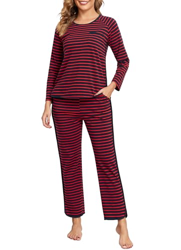 EVELIFE Schlafanzug Damen Lang Baumwolle Rundhals Gestreift Pyjama Set mit Taschen Bequeme Nachtwäsche für Frauen Ideal für Herbst und Winter(Schwarz&Rot, L) von EVELIFE