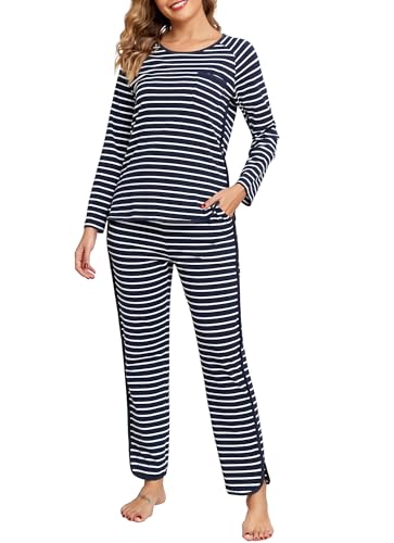 EVELIFE Schlafanzug Damen Lang Baumwolle Rundhals Gestreift Pyjama Set mit Taschen Bequeme Nachtwäsche für Frauen Ideal für Herbst und Winter(Tiefes Blau, S) von EVELIFE