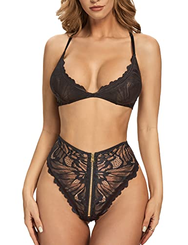 EVELIFE Sexy Dessous-Set für Damen, Riemen, BH und Höschen, Set mit Spitze, Reißverschluss, hohe Taille, Dessous-Set, 2-teiliges Nachtwäsche, Schwarz , 38 von EVELIFE