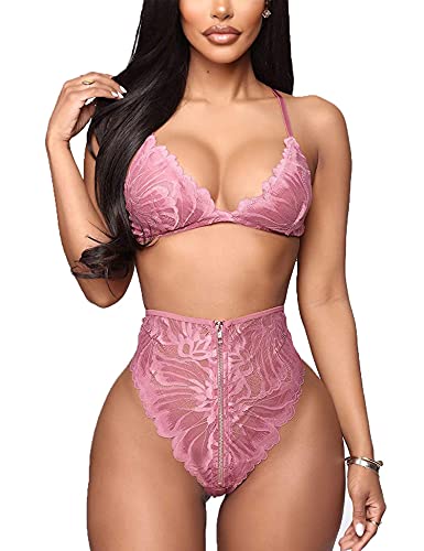 EVELIFE Sexy Dessous-Set für Damen, Riemen, BH und Höschen, Set mit Spitze, Reißverschluss, hohe Taille, Dessous-Set, 2-teiliges Nachtwäsche, rose, 48 von EVELIFE