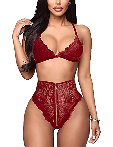 EVELIFE Sexy Dessous-Set für Damen, Riemen, BH und Höschen, Set mit Spitze, Reißverschluss, hohe Taille, Dessous-Set, 2-teiliges Nachtwäsche, weinrot, 38 von EVELIFE