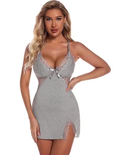 EVELIFE Sexy Negligee Nachtwäsche für Damen Babydoll Dessous V-Ausschnitt Slip Nachthemd (Grau,XXL) von EVELIFE