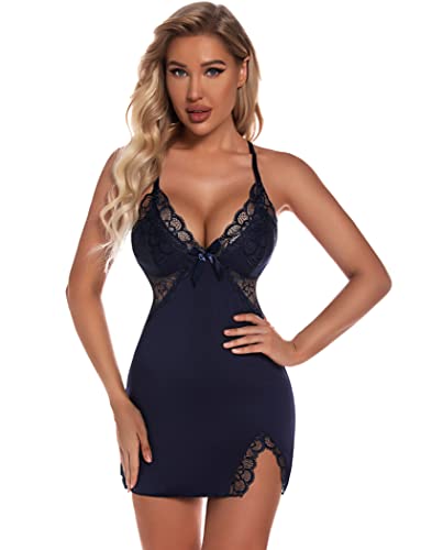 EVELIFE Sexy Negligee Nachtwäsche für Damen Babydoll Dessous V-Ausschnitt Slip Nachthemd (Marineblau,M) von EVELIFE