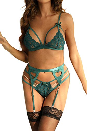 EVELIFE, Damen Dessous Set, Spitzen BH, Strumpfband, Sexy Strumpfband, Gürtel, BH und G-String, grün, Medium von EVELIFE