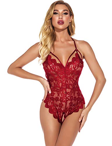 EVELIFE Damen Sexy Dessous Spitze Bodysuit Einteiler Teddy Dessous Transparent Deep V Bodysuit Dessous, rot, 38 von EVELIFE