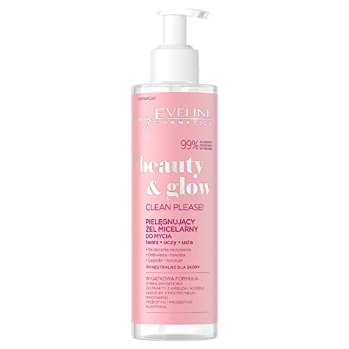 EVELINE Beauty & Glow Clean please ! Pflegendes Mizellen-Gel Gesicht Augenlider Lippen Für Veganer geeignet Beruhigend Feuchtigkeitsspendend Nährend Glättend 99% natürliche Inhaltsstoffe 200 ml von EVELINE COSMETICS