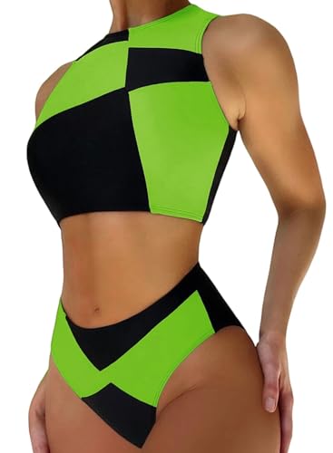 Damen Colorblock Shego Kostüm – Rave Outfit Badeanzüge hoher Ausschnitt bauchfreies Top hohe Taille Unterteil Cosplay Bikini Sets, Schwarz Grün, Large von EVELUST