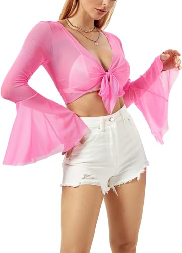 Damen Mesh Oberteil Y2k Top - Langarm Netzoberteil Shirt V Ausschnitt Crop Top Mit Trompetenärmeln Rave Outfit Swimwear Coverups(Pink,M,1087w) von EVELUST