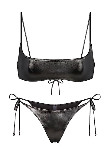 Damen Metallic Bikini Sets – Sexy Retro Glänzender Badeanzug Rave Outfit Micro Scoop Top Tie Side Tanga 2 Stück, Schwarz, Medium von EVELUST