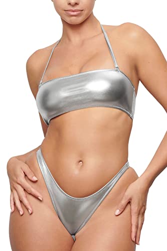 Damen Sexy Metallic Bikini Set - Glänzender Badeanzug Rave Outfit Trägerloses Neckholder Tube Bandeau Top & Tanga Unterteil, silber, Medium von EVELUST