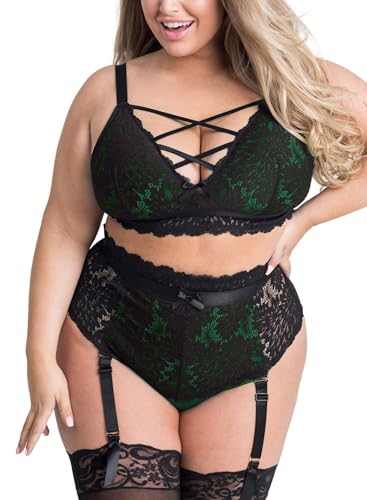 EVELUST Damen Sexy Dessous Set Große Größen Erotische Lingerie Unterwäsche Reizwäsche Spitzen BH und Höhe Taille Strumpfgürtel Belt Panty mit Blumenmuster Stickerei und Netz(Blackgreen,4XL,828w) von EVELUST