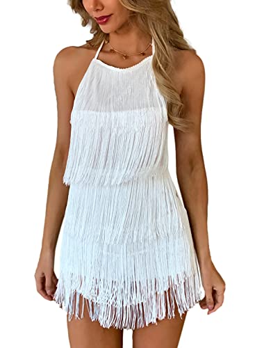 EVELUST 70er Jahre Hippie Kleid mit Fransen - Damen Club Boho Pailletten Jumpsuit Festival Party Outfit Kostüm Neckholder Playsuit(White, L, 1074w) von EVELUST