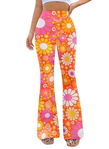 EVELUST 70er Jahre Blumenmuster Schlaghose - Damen Hippie Bunte Hosen Retro Disco Party Leggings Festival Rave Outfit Karneval Abba Kostüm 70s Faschingshose(DaisyOrange,M,10502w) von EVELUST