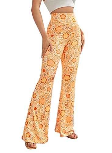 EVELUST 70er Jahre Schlaghose Für Damen – Boho 60er Hose Hippie Blumen High Waist Outfit Disco Kostüm Yogahose Leggings(Orange, M, 1050w) von EVELUST