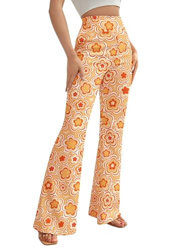 EVELUST 70er Jahre Schlaghose Für Damen – Boho 60er Hose Hippie Blumen High Waist Outfit Disco Kostüm Yogahose Leggings(Orange, S, 1050w) von EVELUST