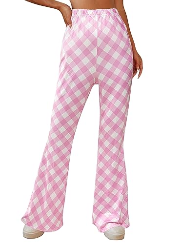 EVELUST 70er Jahre Schlaghose Für Damen – Boho 60er Hose Hippie Blumen High Waist Outfit Disco Kostüm Yogahose Leggings(PinkPlaid, M, 10501w) von EVELUST