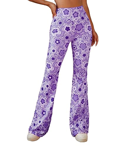 EVELUST 70er Jahre Schlaghose Für Damen – Boho 60er Hose Hippie Blumen High Waist Outfit Disco Kostüm Yogahose Leggings(Purple, L, 1050w) von EVELUST