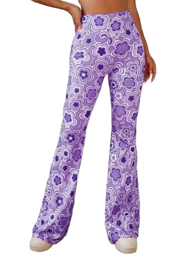 EVELUST 70er Jahre Schlaghose Für Damen – Boho 60er Hose Hippie Blumen High Waist Outfit Disco Kostüm Yogahose Leggings(Purple, L, 1050w) von EVELUST
