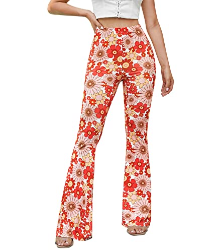 EVELUST 70er Jahre Schlaghose Für Damen – Boho 60er Hose Hippie Blumen High Waist Outfit Disco Kostüm Yogahose Leggings(Red, L, 10501w) von EVELUST