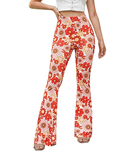 EVELUST 70er Jahre Schlaghose Für Damen – Boho 60er Hose Hippie Blumen High Waist Outfit Disco Kostüm Yogahose Leggings(Red, S, 10501w) von EVELUST