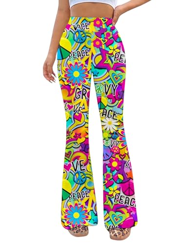 EVELUST Damen 70er Jahre Peace Schlaghose - Groovy Blumenmuster Hippie Bunte Hosen Retro Disco Party Leggings 70s Faschingshose Festival Rave Outfit Karneval Abba Kostüm(PsychedelicPeace,L,10503w) von EVELUST
