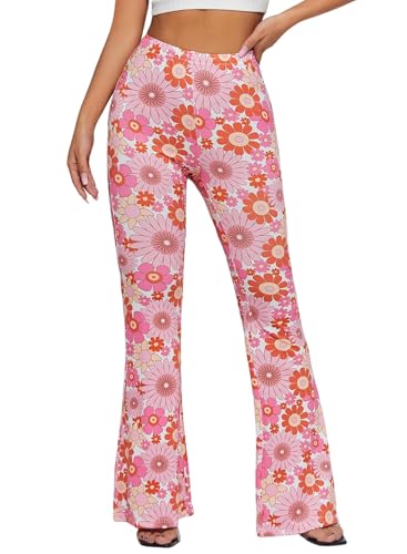 EVELUST Damen 70er Jahre Schlaghose - Hippie Bunte Blumen High Waist Hose Disco Kostüm Abba Outfit Fasching Karneval Festival Rave Pants Flower Power Kleidung Leggings(Pink, XS, 10501w) von EVELUST