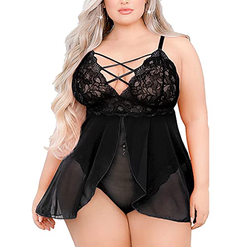 EVELUST Damen Babydoll-Dessous Große Größen, doppellagig, elastisch, hohe Taille, Teddy-Unterhemd, bequem, Florale Spitze, Reizwäsche(2XL,Black,693w) von EVELUST