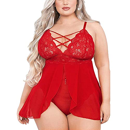 EVELUST Damen Babydoll-Dessous Große Größen, doppellagig, elastisch, hohe Taille, Teddy-Unterhemd, bequem, Florale Spitze, Reizwäsche(2XL,Red,693w) von EVELUST