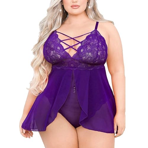 EVELUST Damen Babydoll-Dessous Große Größen, doppellagig, elastisch, hohe Taille, Teddy-Unterhemd, bequem, Florale Spitze, Reizwäsche(XL,Purple,693w) von EVELUST