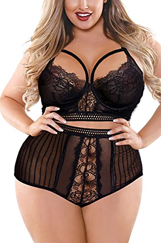 EVELUST Damen Dessous Große Größen Sexy Unterwäsche Set Frauen Schnürung mit Kordelzug Riemchen-Bügel-Wimpern Spitzen BH Thong Frauen Hoher Taille(Black,3XL,882w) von EVELUST