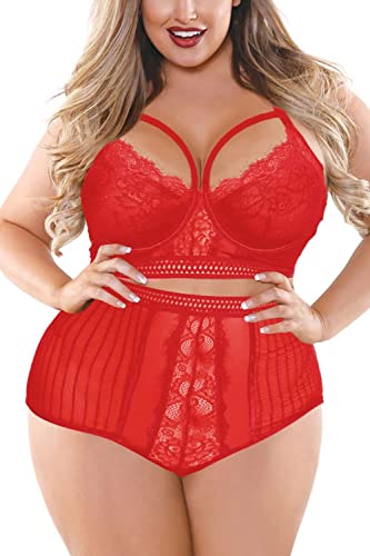 EVELUST Damen Dessous Große Größen Sexy Unterwäsche Set Frauen Schnürung mit Kordelzug Riemchen-Bügel-Wimpern Spitzen BH Thong Frauen Hoher Taille(Red,XL,882w) von EVELUST