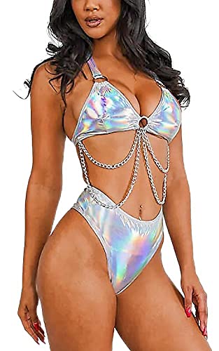 EVELUST Damen Metallic Glitzer Festival Outfit - Rave Body Chain Harness Oberteil High Cut Bottom Tanz Kostüm Bikini Set(Silver,L,1314w) von EVELUST