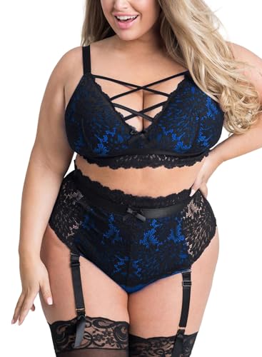 EVELUST Damen Sexy Dessous Set Große Größen Erotische Lingerie Unterwäsche Reizwäsche Spitzen BH und Höhe Taille Strumpfgürtel Belt Panty mit Blumenmuster Stickerei und Netz(Blackblue,3XL,828w) von EVELUST