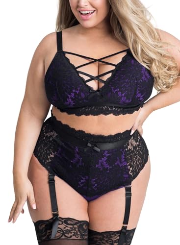 EVELUST Damen Sexy Dessous Set Große Größen Erotische Lingerie Unterwäsche Reizwäsche Spitzen BH und Höhe Taille Strumpfgürtel Belt Panty mit Blumenmuster Stickerei und Netz(BlackPurple,4XL,828w) von EVELUST