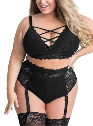 EVELUST Damen Sexy Dessous Set Große Größen Erotische Lingerie Unterwäsche Reizwäsche Spitzen BH und Höhe Taille Strumpfgürtel Belt Panty mit Blumenmuster Stickerei und Netz(Black,3XL,828w) von EVELUST