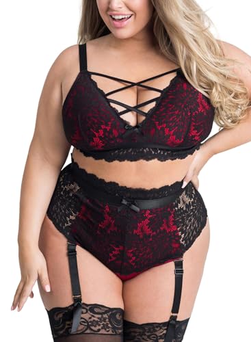 EVELUST Damen Sexy Dessous Set Große Größen Erotische Lingerie Unterwäsche Reizwäsche Spitzen BH und Höhe Taille Strumpfgürtel Belt Panty mit Blumenmuster Stickerei und Netz(BlackRed,L,828w) von EVELUST