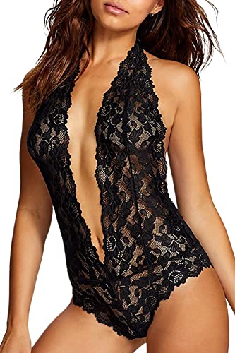 EVELUST Damen Sexy Dessous Set Reizwäsche Rückenfreier Spitze Teddy Bodysuit, Einteiliger Weicher Wellenschliff Nachtwäsche(Black,XL,6004w) von EVELUST