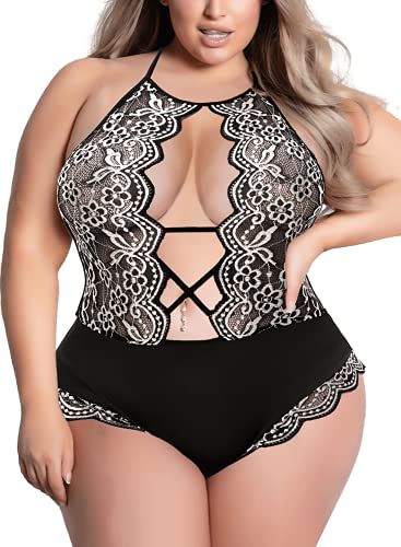 EVELUST Damen Sexy Plus Size Dessous, High Neck Kontrast Spitze Teddy Neckholder Tiefer Criss Cross Bodysuit One Piece Outfit(SchwarzWeiß,4XL,891w) von EVELUST